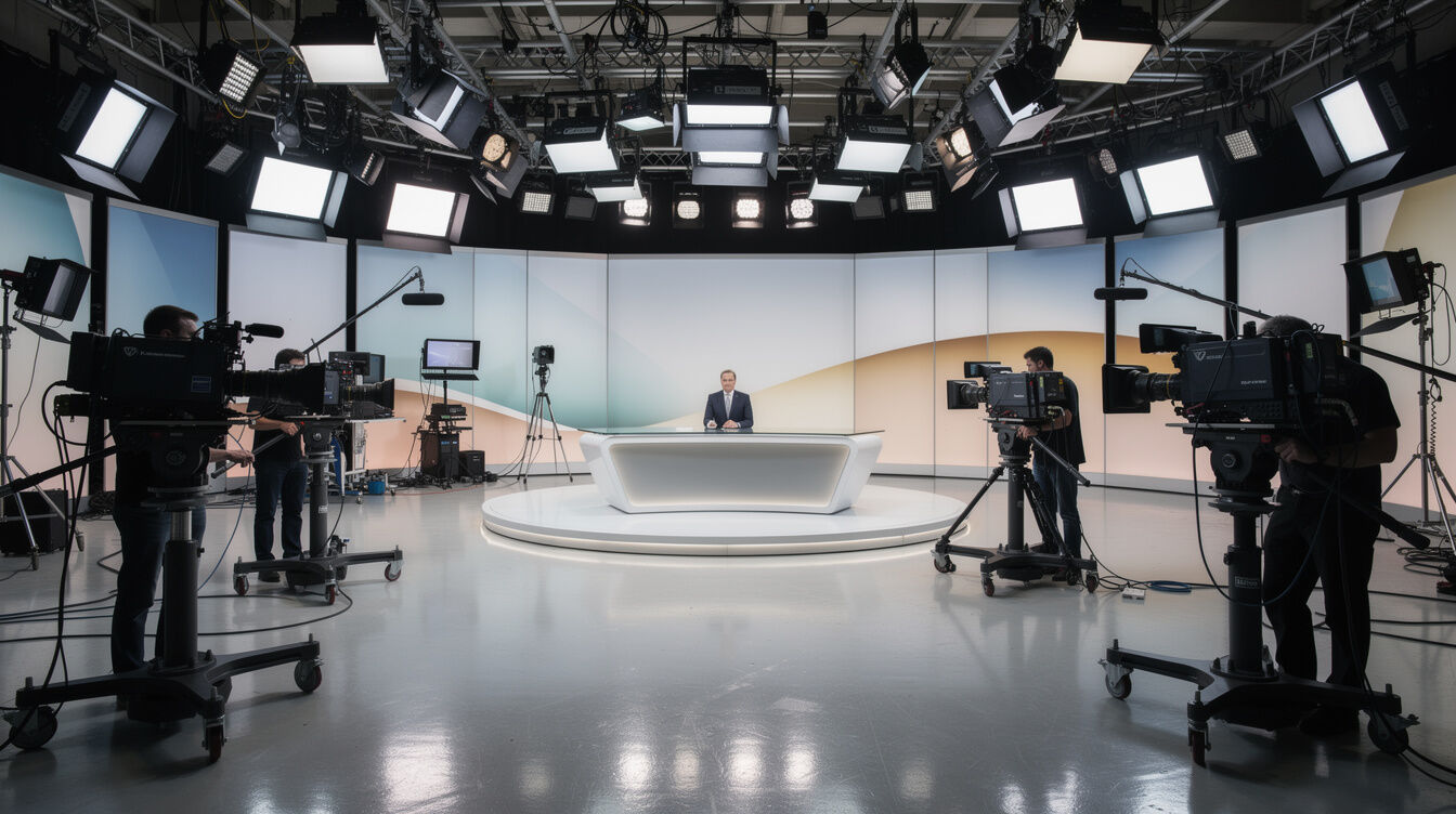 Television studio set with cameras and lighting rig