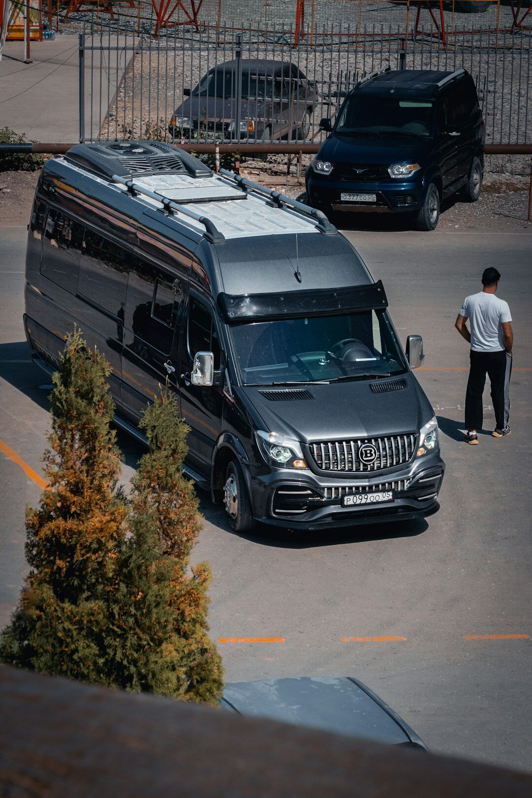 Live broadcast van with satellite uplink dish