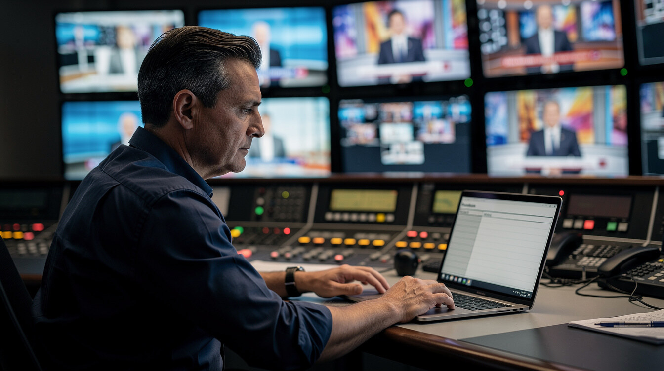 Production manager reviewing broadcast schedule on monitors