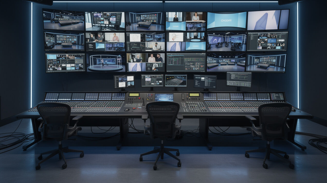 Wide shot of a television gallery with rows of broadcast monitors