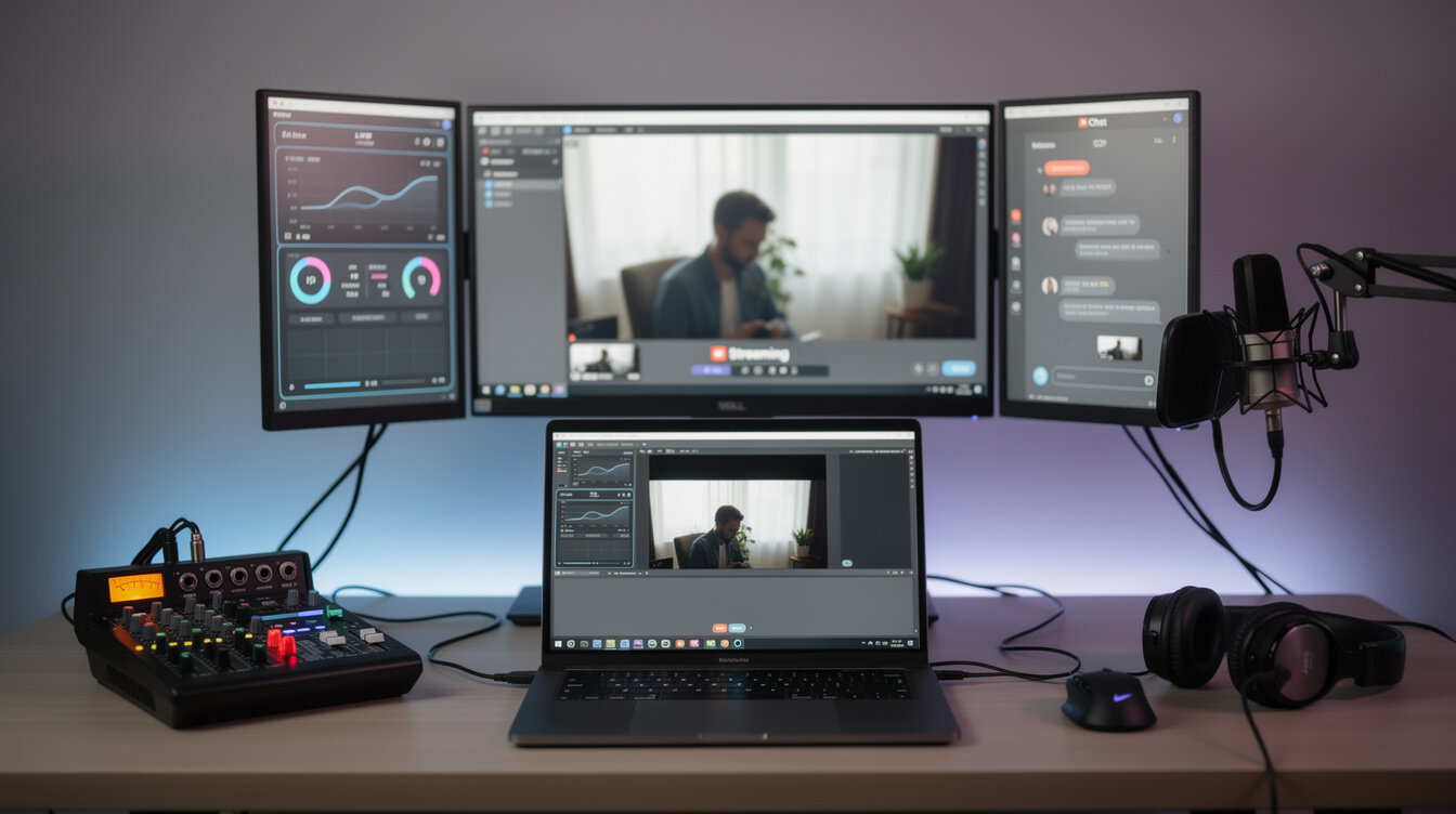Streaming production setup with encoder and multiple screens
