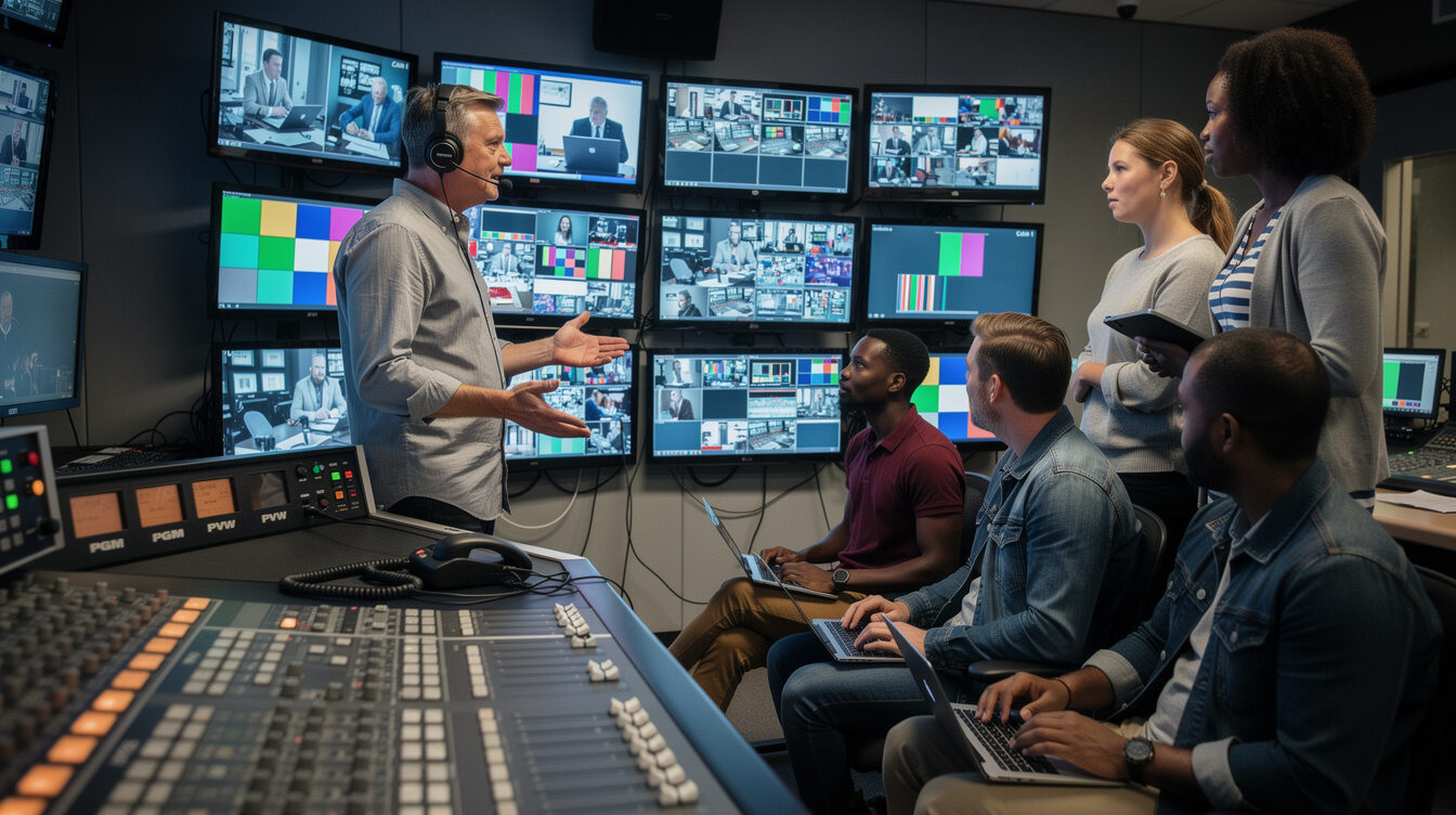 Instructor teaching students in a television control gallery